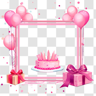 Birthday Party Frame - Pink Birthday Cake With Decorations And Balloons Transparent PNG