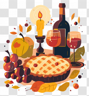Thanksgiving Food - Thanksgiving Dinner With Wine And Pie Transparent PNG