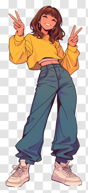 Anime Girl With Peace Sign - Happy Girl In Yellow Sweater Illustration Transparent PNG