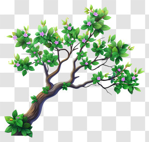 Flat Tree Branch - Green Leafy Branch With Flowers Illustration Transparent PNG