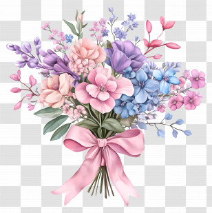 Pink Bouquet - Elegant Pastel Flower Bouquet With Ribbon Transparent PNG