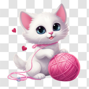 Cat Playing Yarn Ball - Adorable White Kitten Playing With Pink Yarn Transparent PNG