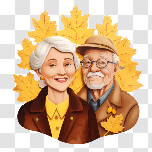 Grandparents Day - Elderly Couple With Autumn Leaves Illustration Transparent PNG