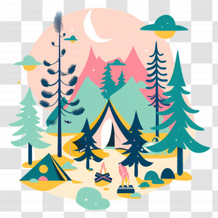 Summer Camp - Stylized Nature Camping Scene With Tents And Trees Transparent PNG