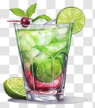 Cocktail - Glass Of Lime Cocktail With Mint And Ice Transparent PNG