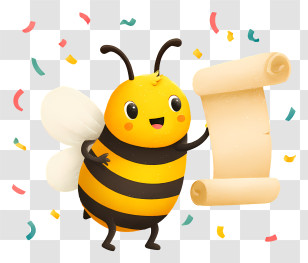 Cartoon Bee Holding Scroll - Happy Bee Mascot Holding Scroll Transparent PNG