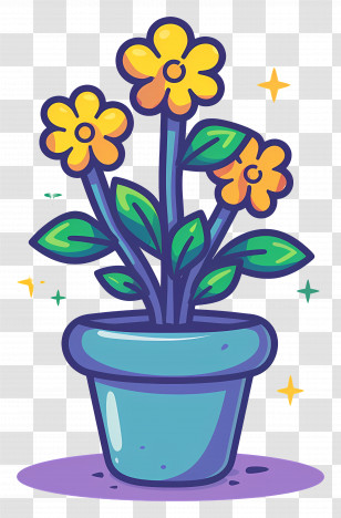 Pot Of Flowers - Cartoon Yellow Flowers In Blue Pot Transparent PNG
