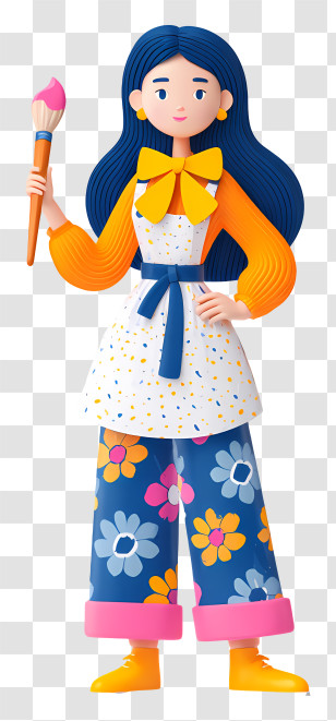 Girl Holding A Paintbrush - Cheerful Blue-Haired Artist Girl Transparent PNG
