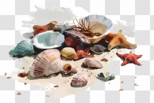 Beachcombing - Seashells And Starfish On Beach Transparent PNG