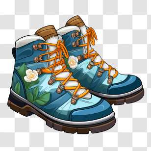 Boots - Floral Patterned Blue Hiking Boots Illustration Transparent PNG