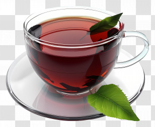 Black Tea - Glass Cup Of Tea With Green Leaves Transparent PNG