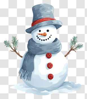 Snowman - Cheerful Snowman With Hat And Scarf Transparent PNG