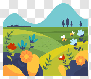 Spring Field - Vibrant Landscape With Flowers And Bees Transparent PNG