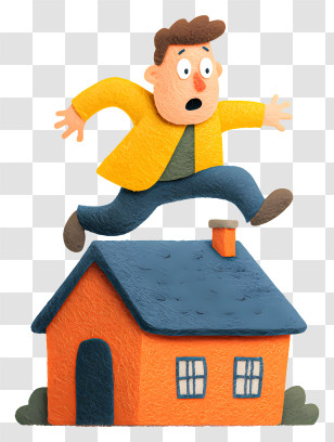 Scared Man On House Roof - Cartoon Man Jumping Over House Transparent PNG