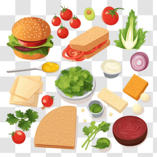 Burger Ingredients - Ingredients For Delicious Burger Preparation Transparent PNG