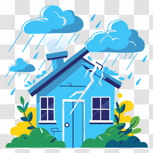 House Struck By Lightning - Blue House In Stormy Weather With Lightning Transparent PNG