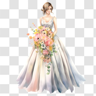Wedding Dress
 - Bride Holding Floral Bouquet In Watercolor Style Transparent PNG