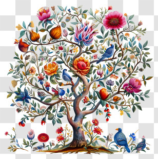 Tu B Shevat - Decorative Tree With Flowers And Birds Transparent PNG