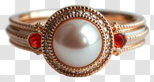 Pearl Ring - Golden Ring With Pearl And Red Stones Transparent PNG