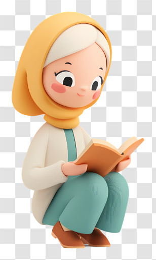 Muslim Woman Reading Quran - Girl Reading With Yellow Headscarf Cartoon Transparent PNG