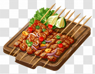 Satay - Grilled Meat Skewers On A Wooden Platter Transparent PNG