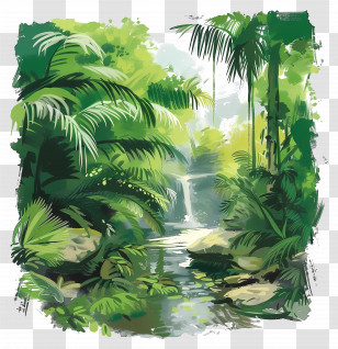Lush Green - Lush Tropical Rainforest With Stream And Sunlight Transparent PNG
