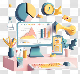 Workspace - Office Desk With Computer And Charts Transparent PNG