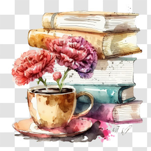 Watercolor Books Stack - Artistic Watercolor Of Books, Coffee Cup, And Flowers Transparent PNG