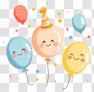 Baby Birthday - Smiling Balloons With Party Hat Transparent PNG