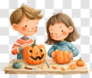 Children Carving Pumpkins - Kids Carving Pumpkins Illustration Transparent PNG