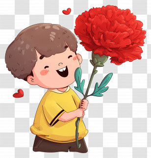 Boy Holding Flower - Happy Boy Holding A Large Red Flower Transparent PNG