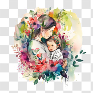 Mom And Kid
 - Mother And Child Surrounded By Flowers In Watercolor Style Transparent PNG
