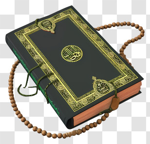 Holy Book Of Muslims And Pray Beads - Beautiful Holy Book With Golden Decorations And Rosary Transparent PNG