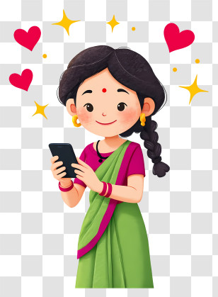 Woman Sending Love Message - Happy Woman In Green Sari With Phone Transparent PNG