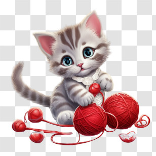Cat Playing Yarn Ball - Cute Gray Kitten Playing With Yarn Transparent PNG