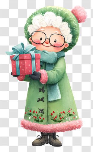 Cartoon Woman In Winter Clothing - Grandma With Christmas Gift Illustration Transparent PNG