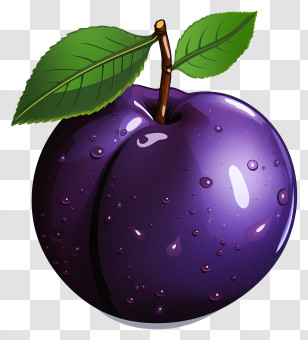 Flat Plum - Purple Plum With Fresh Green Leaves Transparent PNG