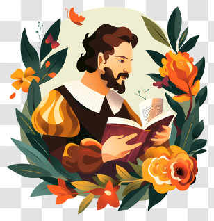 Shakespeare Day - Historical Man Reading A Book With Floral Background Transparent PNG