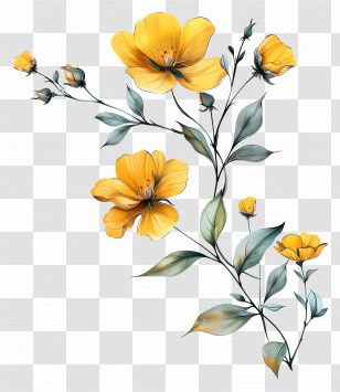 Yellow Flowers - Yellow Botanical Flowers On Stems Transparent PNG