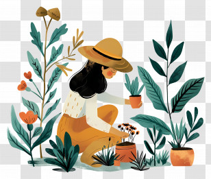 Gardening - Illustration Of A Woman Planting Flowers In A Garden Transparent PNG