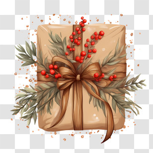 Christmas Present - Festive Gift Box With Red Berries Transparent PNG