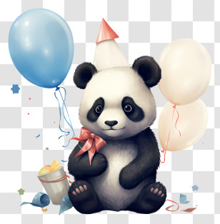 Panda Day - Panda With Balloons And Party Hat Transparent PNG