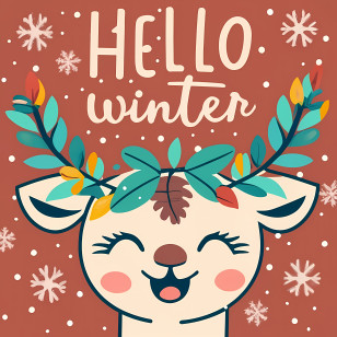 Hello Winter - Hello Winter Reindeer Greeting Card With Snowflakes Transparent PNG