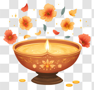 Diya With Flower Petals - Decorative Oil Lamp With Flowers Transparent PNG