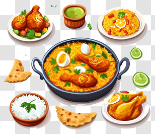 India Cuisine Icon - Chicken Biryani With Side Dishes And Garnish Transparent PNG