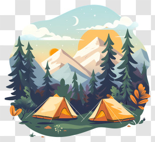 Summer Camp - Camping Scene With Tents In Mountain Landscape Transparent PNG