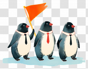 Watercolor Penguins - Three Cute Penguins Marching With Flag Transparent PNG