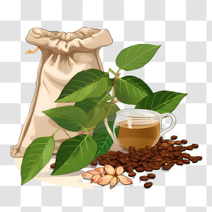 Coffee Beans - Coffee Bag With Plant Leaves, Beans And Cup Illustration Transparent PNG