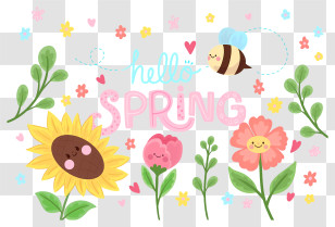 Floral Design - Hello Spring With Cute Flowers And Bee Transparent PNG