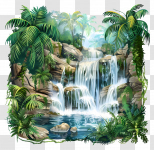 Tropical Waterfall In Jungle - Beautiful Tropical Jungle Waterfall Scenery Transparent PNG